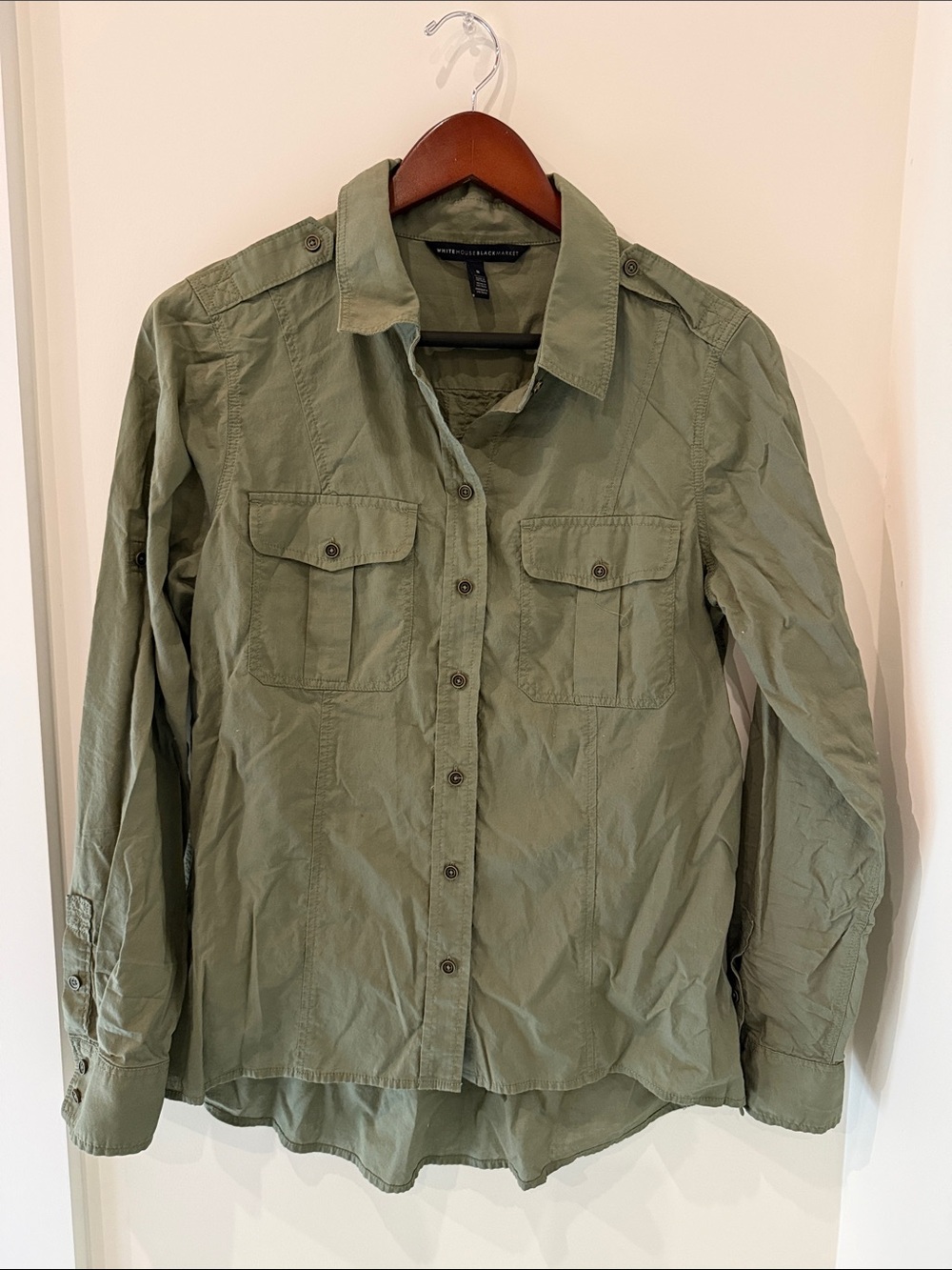 White House Black Market Olive Green Button-Down Utility Shirt